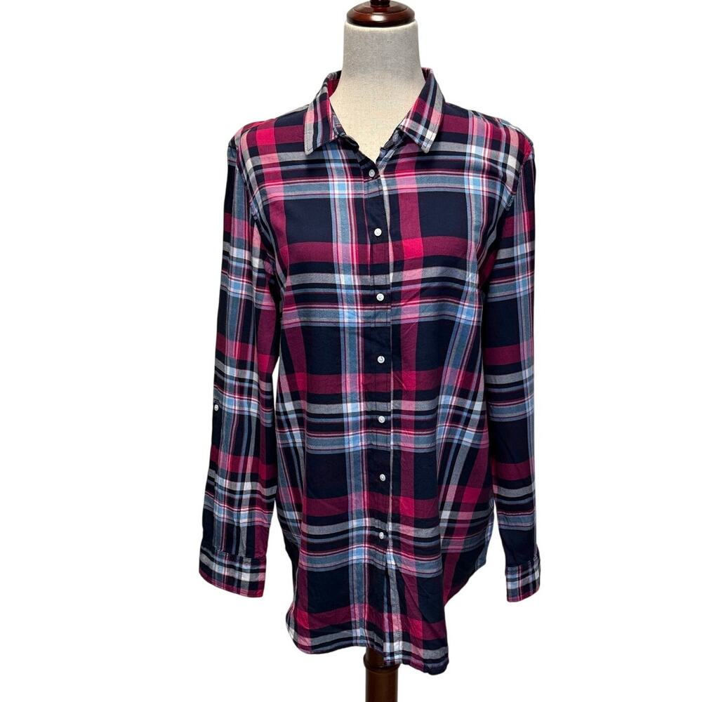 Tommy Hilfiger Tunic Blouse Button-Up Long Sleeve Women’s L Navy/Fuchsia/White